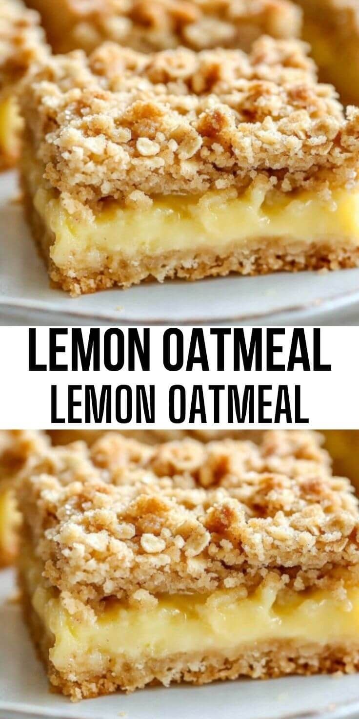 Lemon oatmeal bars with a crispy crumble, cut into squares, lie on parchment paper, garnished with zest and oatmeal.