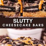 Sliced ​​cheesecake bars with thick chocolate, caramel and nuts, laid out on a wooden board, top view.