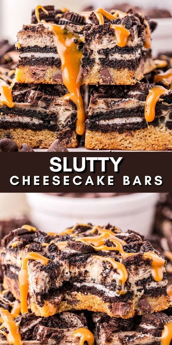 Sliced ​​cheesecake bars with thick chocolate, caramel and nuts, laid out on a wooden board, top view.