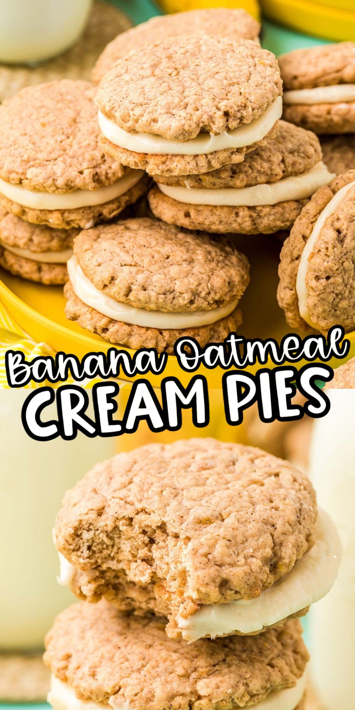 portioned banana cream pies in mini-forms with lush cream and slices of fresh banana on top, on a light wooden surface.