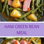 Ham, green beans and potato pieces in a thick, aromatic broth, served in a deep plate, close-up with soft focus on the texture of the dish.