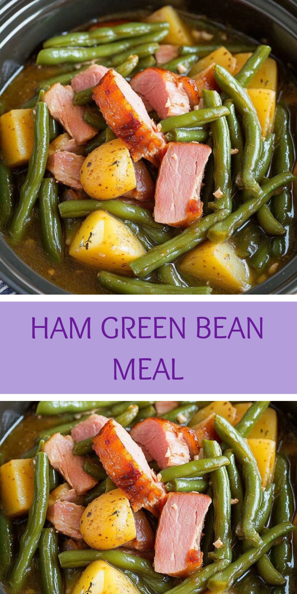 Ham, green beans and potato pieces in a thick, aromatic broth, served in a deep plate, close-up with soft focus on the texture of the dish.