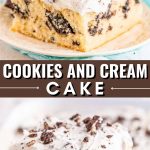 Sliced ​​cream cake with layers of cookies and cream on a white plate, sprinkled with crumbs, against the background of a wooden table.