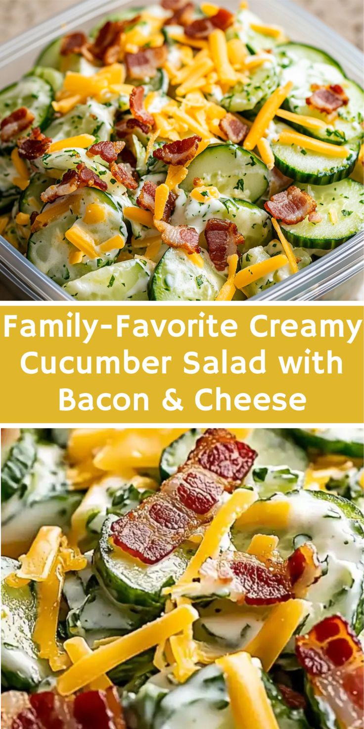 a creamy salad of chopped cucumbers with pieces of fried bacon and a cheese dressing, filed in a deep bowl, decorated with herbs.