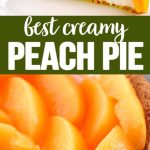 A slice of creamy peach pie with cream filling and fresh peach slices on a white plate, against the background of a light kitchen table.