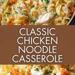 A portion of classic chicken and noodle casserole on a white ceramic plate, with a golden cheese crust, creamy texture and herbs on top, against the background of a baking dish.