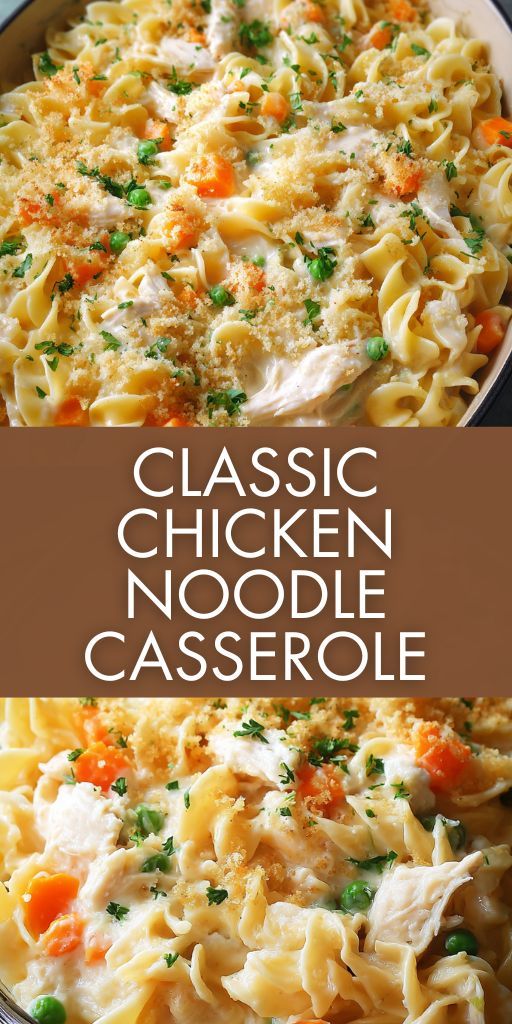 A portion of classic chicken and noodle casserole on a white ceramic plate, with a golden cheese crust, creamy texture and herbs on top, against the background of a baking dish.