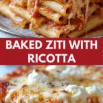 A serving of baked ziti with ricotta on a ceramic plate: layers of pasta, sauce, and melted cheese with a golden crust, garnished with fresh basil.