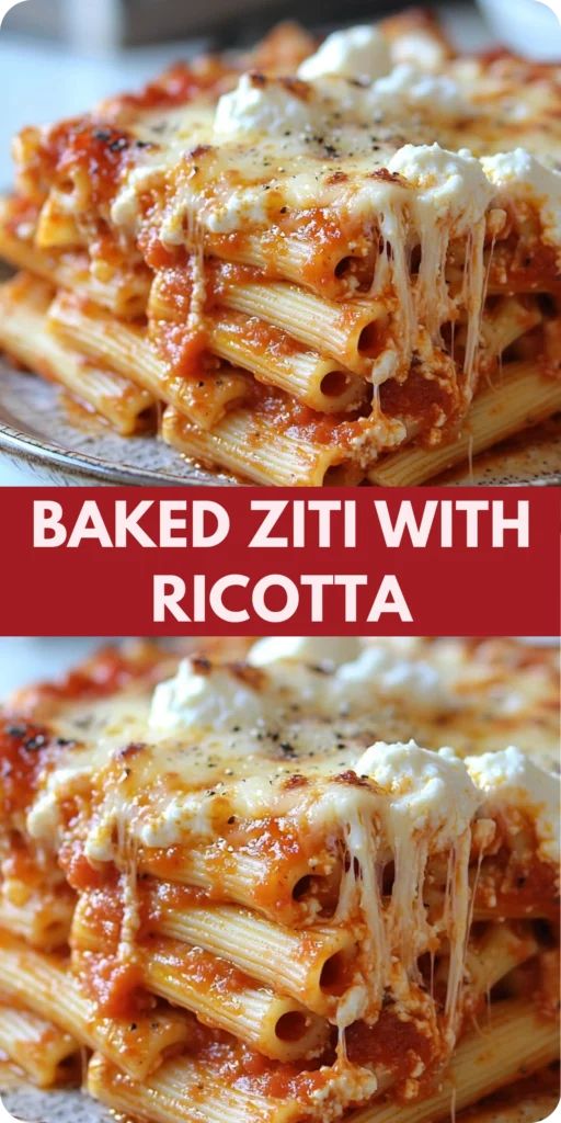 A serving of baked ziti with ricotta on a ceramic plate: layers of pasta, sauce, and melted cheese with a golden crust, garnished with fresh basil.