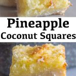 A golden-brown coconut pineapple pie with a golden crust, decorated with coconut flakes, on a light plate; the pie is cut, and you can see the juicy, moist texture with pineapple pieces inside.