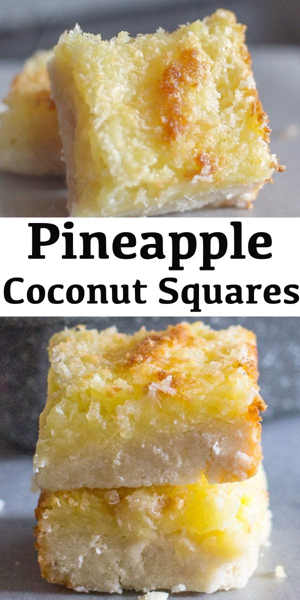 A golden-brown coconut pineapple pie with a golden crust, decorated with coconut flakes, on a light plate; the pie is cut, and you can see the juicy, moist texture with pineapple pieces inside.