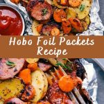 Individual portions of vegetables with sausages, baked in foil, laid out on a wooden board, the foil is slightly opened, appetizingly fried pieces and fresh herbs are visible from the inside.
