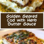 golden cod fillet with a crunchy crust supplied to the airbag, with a green herbal sauce flowing through the fish, on an elegant white plate.
