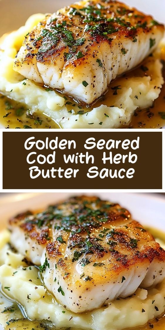 golden cod fillet with a crunchy crust supplied to the airbag, with a green herbal sauce flowing through the fish, on an elegant white plate.
