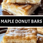 Maple bars with caramel maple filling, cut into squares, lie on a wooden board. The top is covered with a golden crust and slightly sprinkled with powdered sugar.