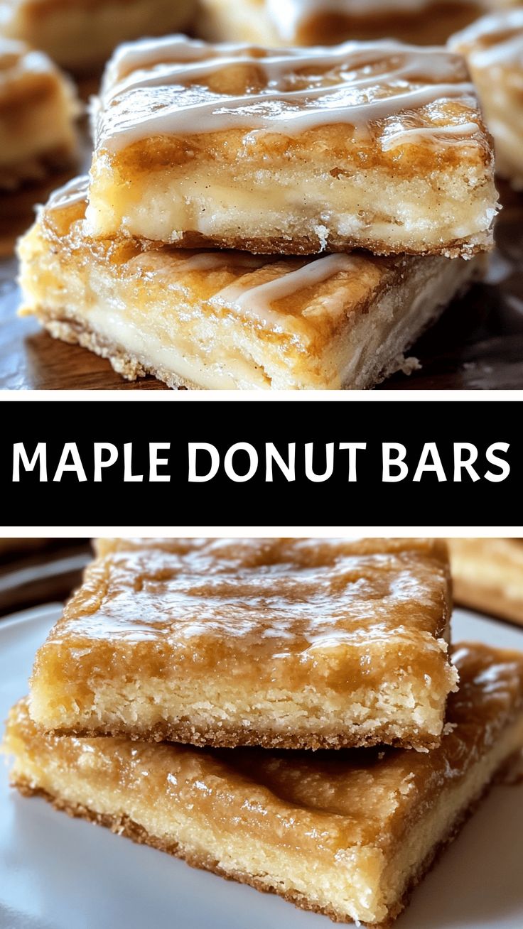 Maple bars with caramel maple filling, cut into squares, lie on a wooden board. The top is covered with a golden crust and slightly sprinkled with powdered sugar.