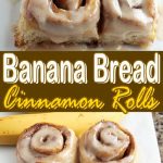 fresh banana buns with cinnamon, rolled in spiral, covered with cream glaze, lie on a white plate surrounded by pieces of banana and cinnamon powder.