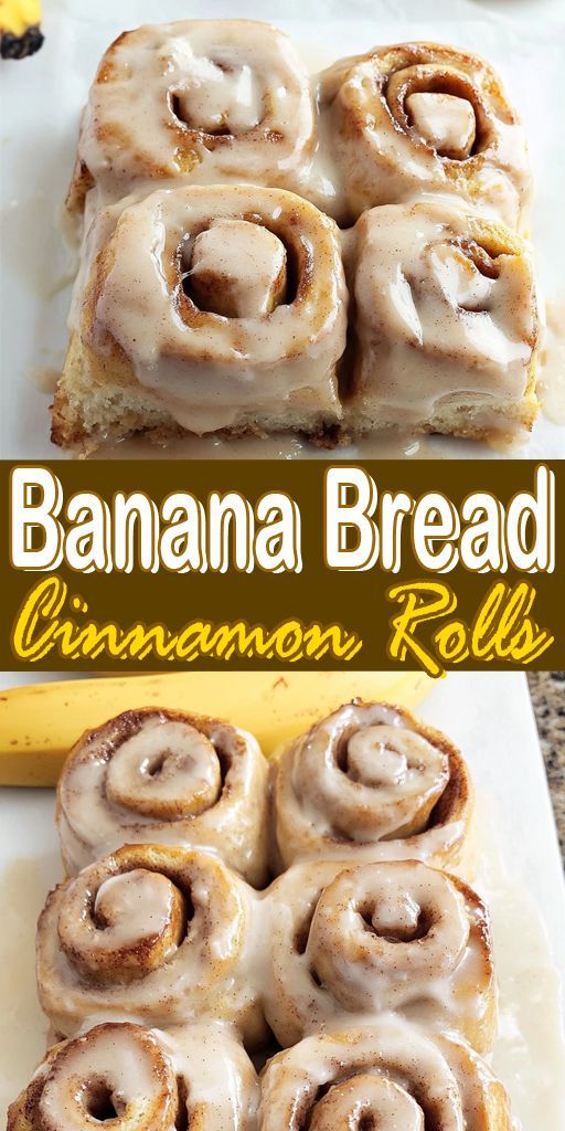 fresh banana buns with cinnamon, rolled in spiral, covered with cream glaze, lie on a white plate surrounded by pieces of banana and cinnamon powder.