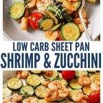 Fried shrimp and zucchini slices in a cheese-garlic sauce in a frying pan, sprinkled with grated parmesan and fresh herbs.