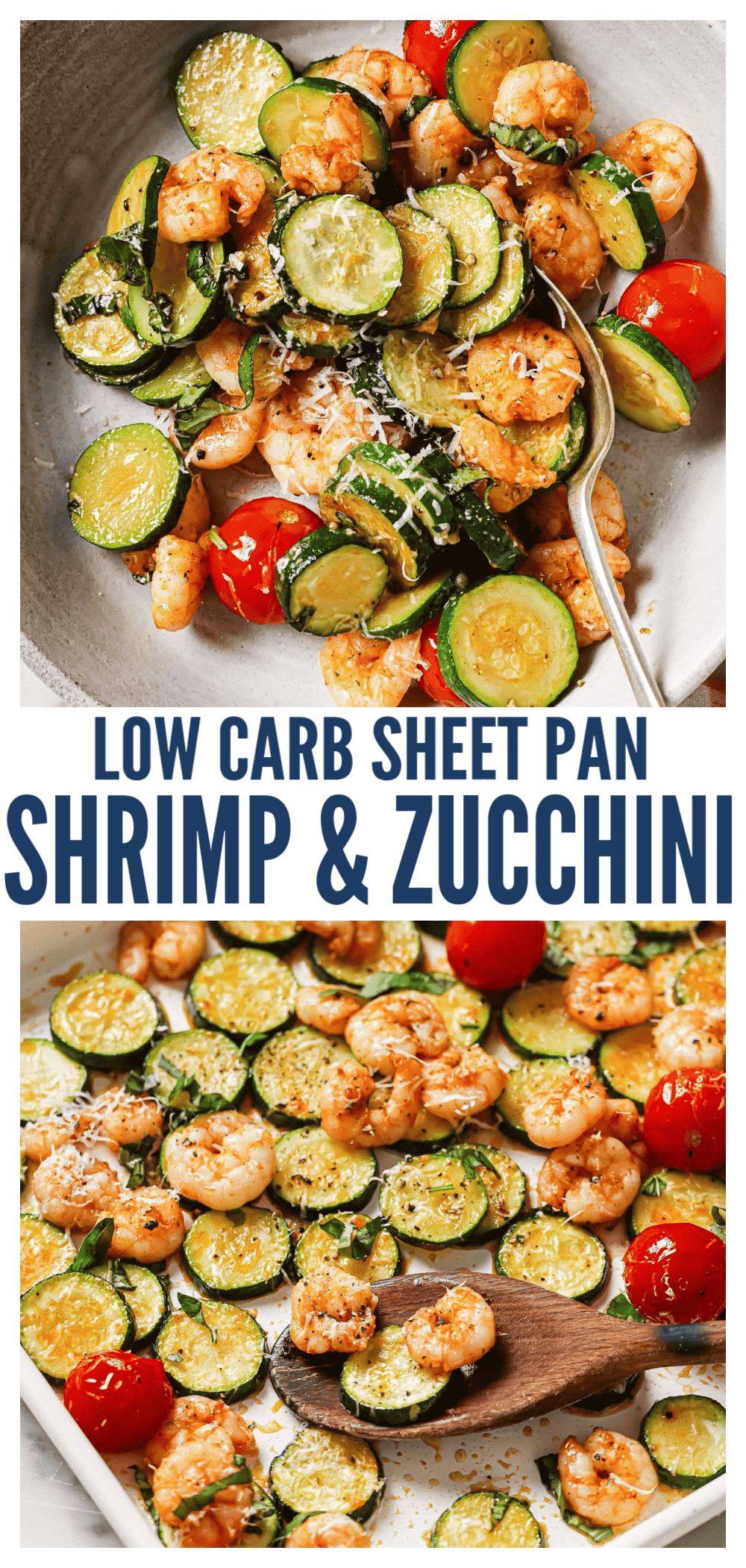 Fried shrimp and zucchini slices in a cheese-garlic sauce in a frying pan, sprinkled with grated parmesan and fresh herbs.