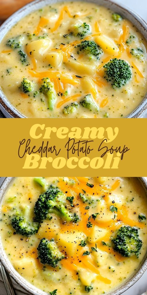 Creamy broccoli and potato soup with cheddar cheese, served in a deep white bowl, garnished with herbs and grated cheese - a hearty and cozy dish.