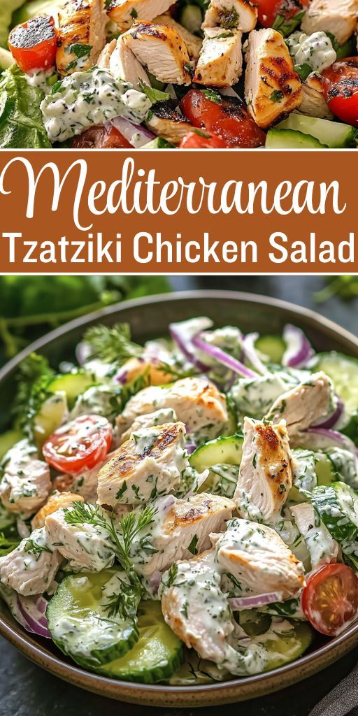Creamy chicken Tzatziki salad with chicken pieces coated in a yogurt and garlic sauce, fresh cucumbers and herbs, served in a deep white bowl with lemon slices and mint leaves nearby.