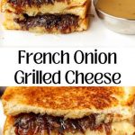 Slices of toasted bread covered with caramelized onions and melted cheese are laid out on a wooden board; the golden crust of the cheese is slightly toasted and glistening from the heat.