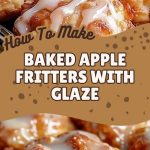 Baked apple pancakes, covered with a thin layer of white vanilla glaze, lie on parchment against the background of a wooden table; apple slices and a ceramic mug of tea are nearby.