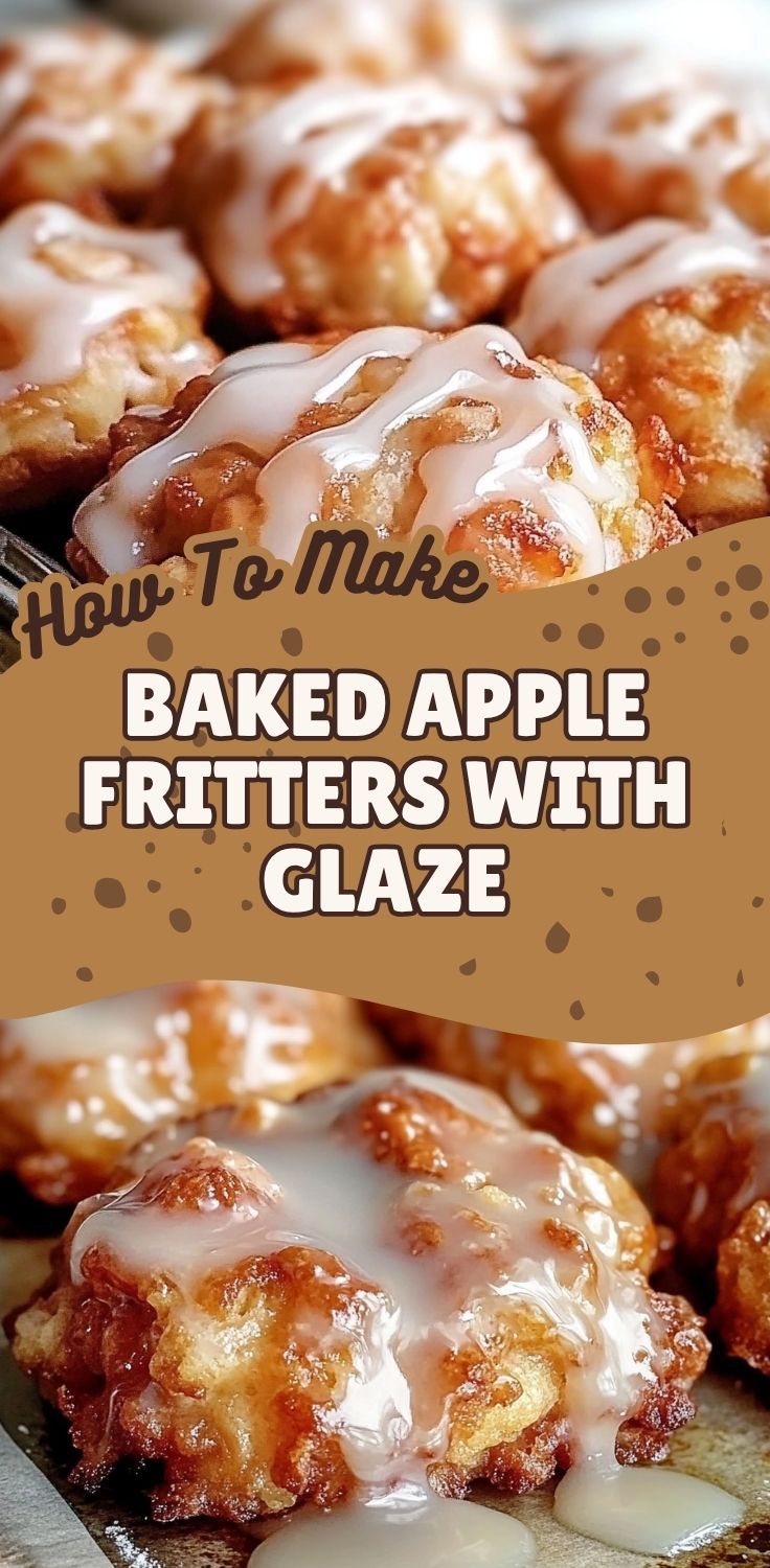 Baked apple pancakes, covered with a thin layer of white vanilla glaze, lie on parchment against the background of a wooden table; apple slices and a ceramic mug of tea are nearby.