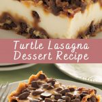 A piece of Turtle Lasagna dessert on a white plate: you can see multi-layered layers of cream, chocolate, caramel and nuts, on top - a generous sprinkling of nuts and drops of caramel sauce.Turtle Lasagna Dessert Recipe