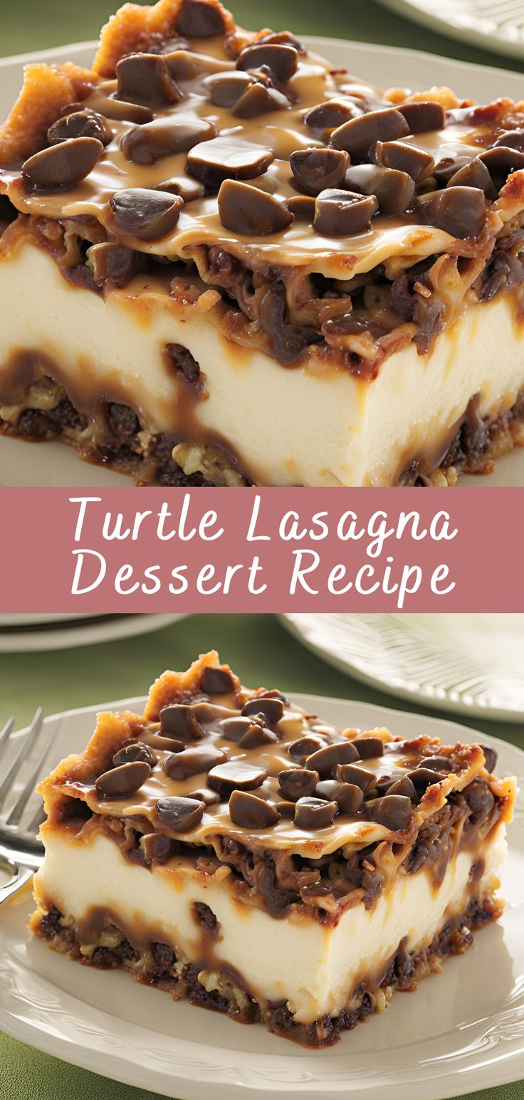 A piece of Turtle Lasagna dessert on a white plate: you can see multi-layered layers of cream, chocolate, caramel and nuts, on top - a generous sprinkling of nuts and drops of caramel sauce.Turtle Lasagna Dessert Recipe