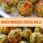 Golden baked broccoli cheese balls on parchment paper, with a crispy crust and melted cheese inside, garnished with fresh herbs, a small bowl of sauce next to it.
