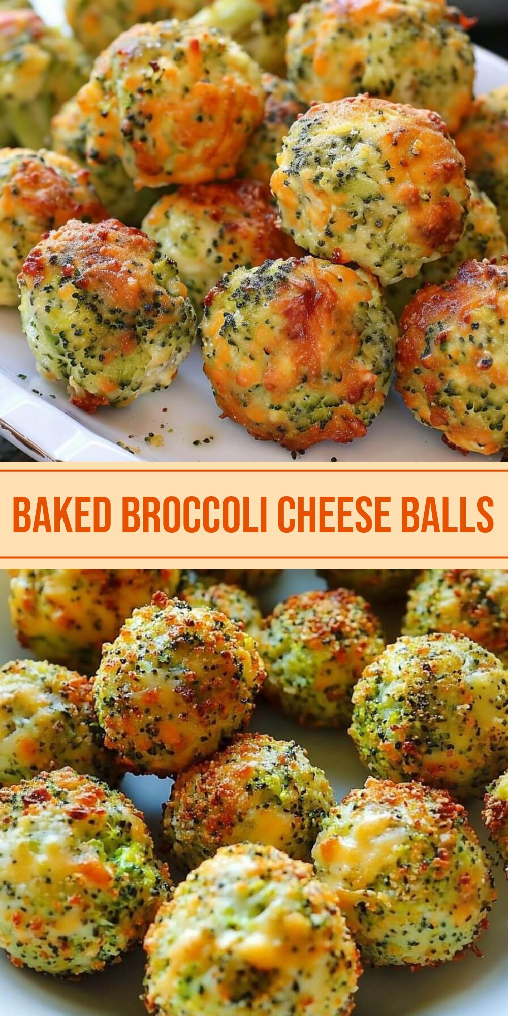 Golden baked broccoli cheese balls on parchment paper, with a crispy crust and melted cheese inside, garnished with fresh herbs, a small bowl of sauce next to it.