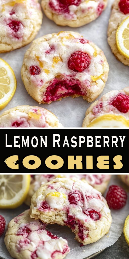 Lemon-raspberry cookies with a golden crust and splashes of bright red raspberries on a light plate, decorated with light powder - an appetizing and fresh dessert.