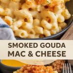 A plate of creamy pasta with Gouda cheese, generously covered with viscous golden sauce, served against a background of cozy textiles and a light wooden table.