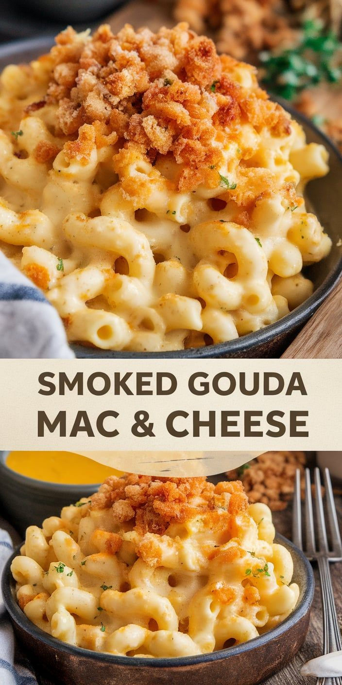 A plate of creamy pasta with Gouda cheese, generously covered with viscous golden sauce, served against a background of cozy textiles and a light wooden table.