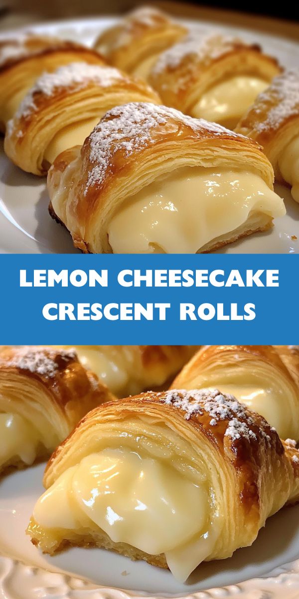 Ruddy crescent-shaped buns with lemon filling inside, served on a white plate, one broken to show the creamy filling.