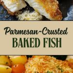 Cod fillet in a golden crispy lemon-herb Parmesan crust on a white plate, next to fresh herbs and lemon wedges.