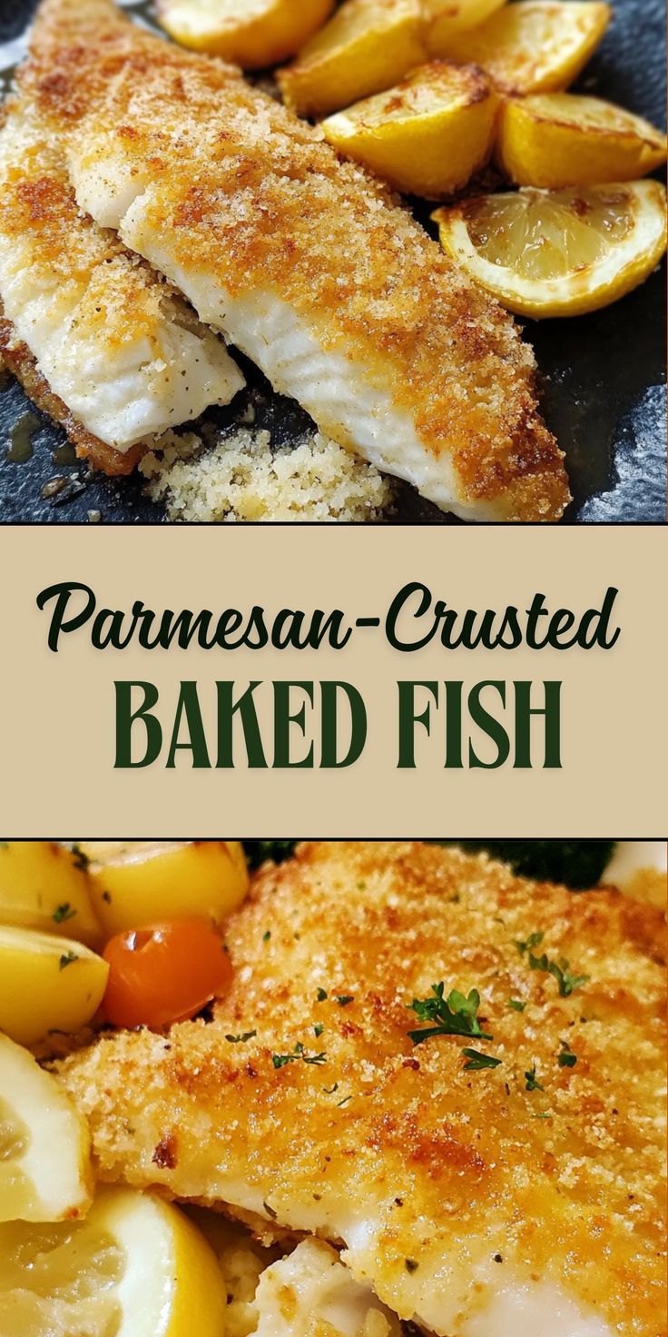 Cod fillet in a golden crispy lemon-herb Parmesan crust on a white plate, next to fresh herbs and lemon wedges.