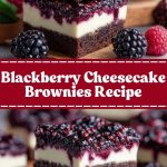 A slice of blackberry brownie cheesecake: a dark chocolate base topped with a soft creamy layer with purple streaks of blackberries, on a white plate with fresh berries nearby.
