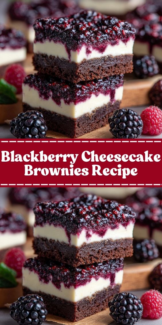A slice of blackberry brownie cheesecake: a dark chocolate base topped with a soft creamy layer with purple streaks of blackberries, on a white plate with fresh berries nearby.