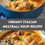 A bowl of creamy Italian meatball soup: a thick, creamy broth with tiny meatballs, herbs and chunks of vegetables, served hot with steam rising from the surface.