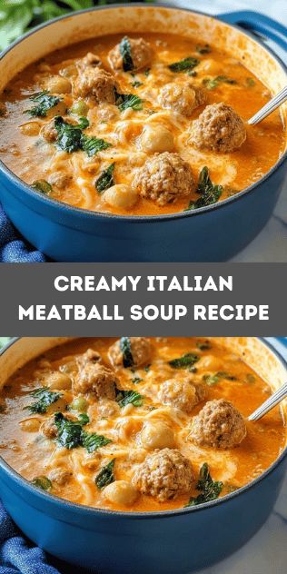 A bowl of creamy Italian meatball soup: a thick, creamy broth with tiny meatballs, herbs and chunks of vegetables, served hot with steam rising from the surface.