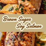 Salmon fillet with a shiny glaze of soy sauce and brown sugar, garnished with lemon slices and herbs, served on a white plate.