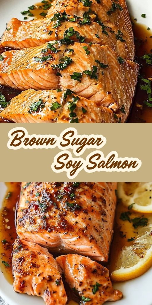 Salmon fillet with a shiny glaze of soy sauce and brown sugar, garnished with lemon slices and herbs, served on a white plate.
