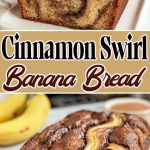 Sliced ​​banana bread with cinnamon swirls inside, toasted top with a light sugar crust, served on a wooden board.