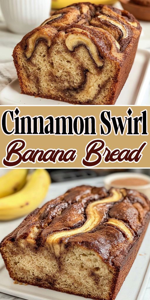 Sliced ​​banana bread with cinnamon swirls inside, toasted top with a light sugar crust, served on a wooden board.