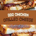 Crispy toasts with BBQ chicken and melted cheese, fried on the grill, cut in half and served on a wooden board with an appetizing gooey filling and a fragrant crust.