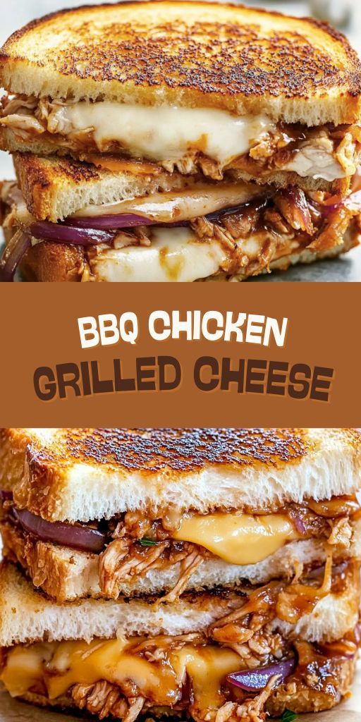 Crispy toasts with BBQ chicken and melted cheese, fried on the grill, cut in half and served on a wooden board with an appetizing gooey filling and a fragrant crust.