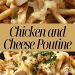appetizing cheese Putin with golden pieces of chicken, covered with molten cheese and thick sauce, served on a plate with crispy potatoes and herbs - a cozy, hearty dish.